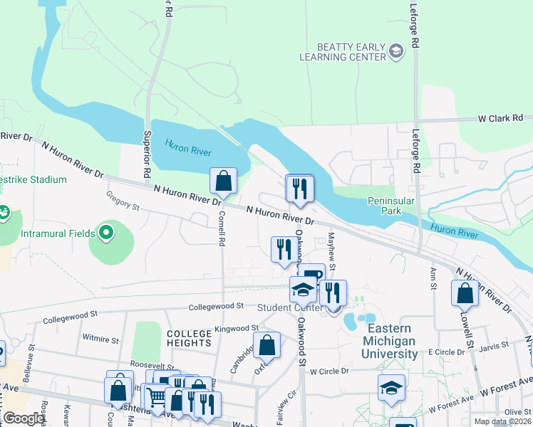 map of restaurants, bars, coffee shops, grocery stores, and more near 1112 North Huron River Drive in Ypsilanti