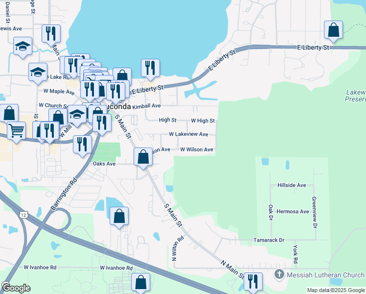 map of restaurants, bars, coffee shops, grocery stores, and more near 25622 West Wilson Avenue in Wauconda