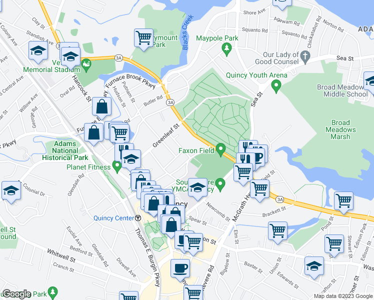 map of restaurants, bars, coffee shops, grocery stores, and more near 122R Russell Park in Quincy