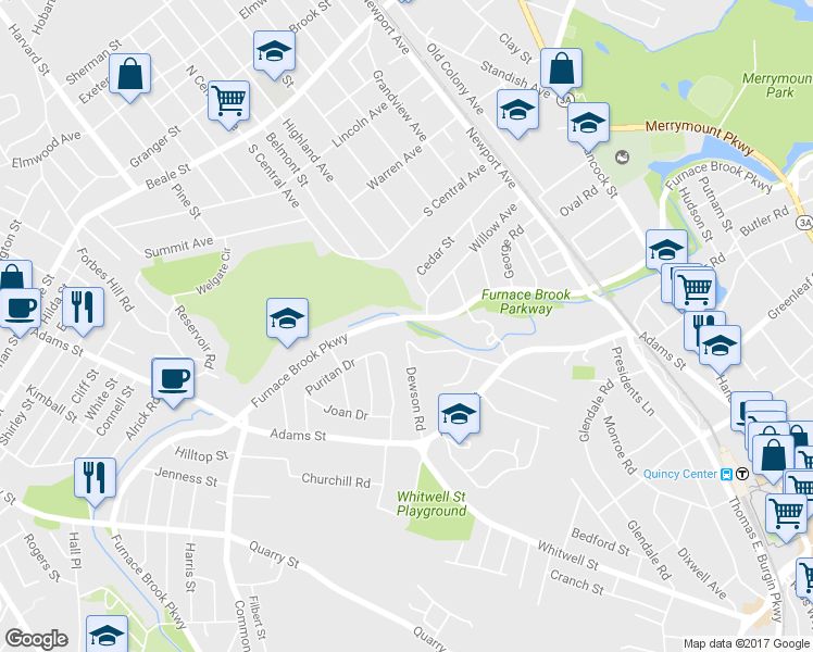 map of restaurants, bars, coffee shops, grocery stores, and more near 610 Furnace Brook Parkway in Quincy