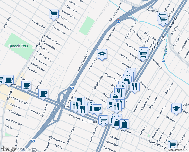 map of restaurants, bars, coffee shops, grocery stores, and more near 1539 Russell Avenue in Lincoln Park
