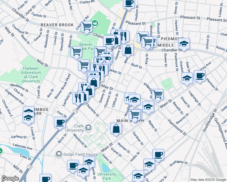 map of restaurants, bars, coffee shops, grocery stores, and more near 57 May Street in Worcester