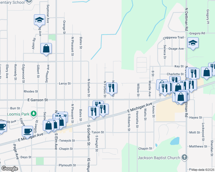 map of restaurants, bars, coffee shops, grocery stores, and more near 237 North Forbes Street in Jackson
