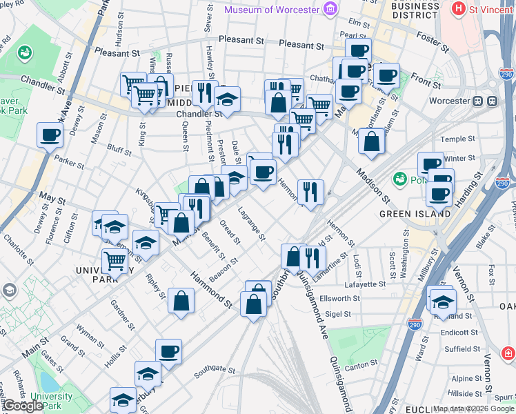 map of restaurants, bars, coffee shops, grocery stores, and more near 12 Jackson Street in Worcester