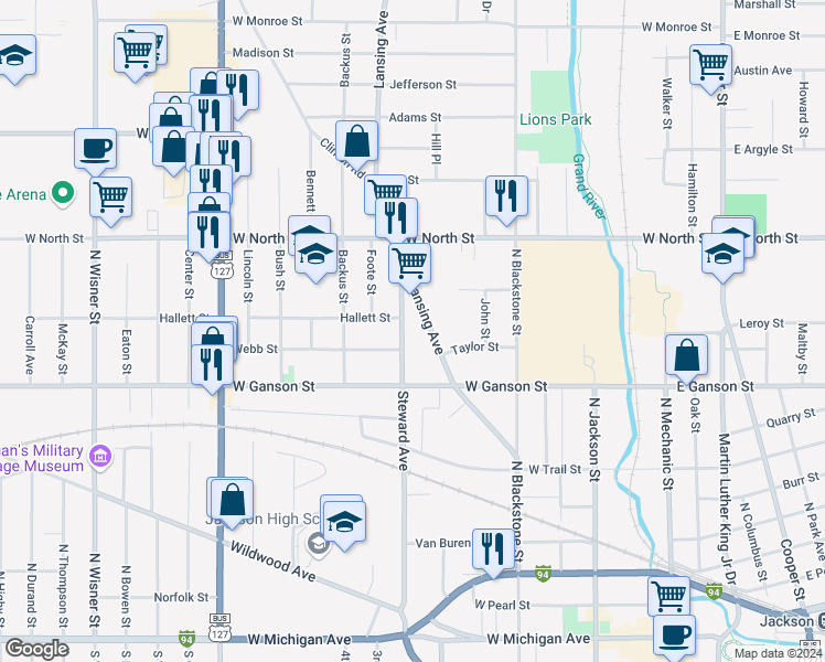 map of restaurants, bars, coffee shops, grocery stores, and more near 707 Steward Avenue in Jackson