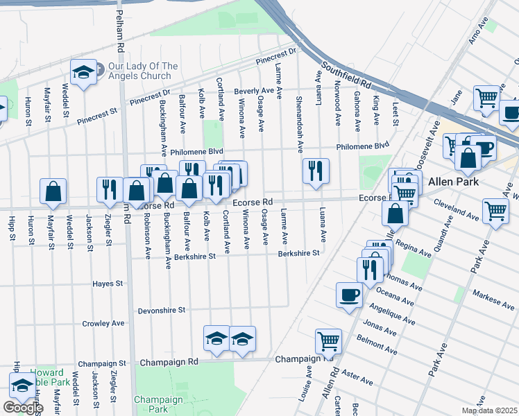 map of restaurants, bars, coffee shops, grocery stores, and more near 17211 Ecorse Road in Allen Park