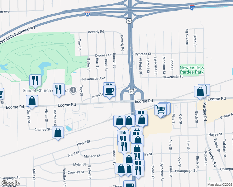 map of restaurants, bars, coffee shops, grocery stores, and more near 24159 Ames Highway in Taylor