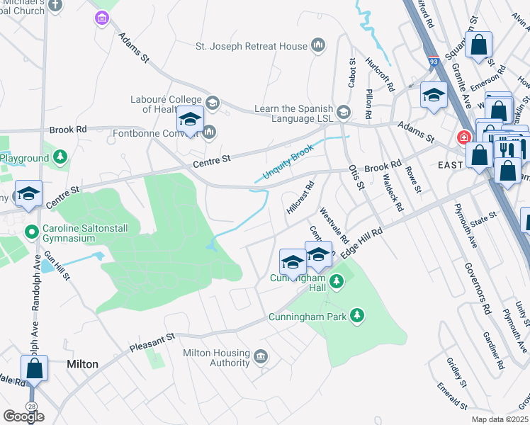 map of restaurants, bars, coffee shops, grocery stores, and more near 32 Wyndmere Road in Milton