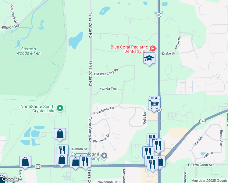map of restaurants, bars, coffee shops, grocery stores, and more near 549 Nunda Trail in Crystal Lake