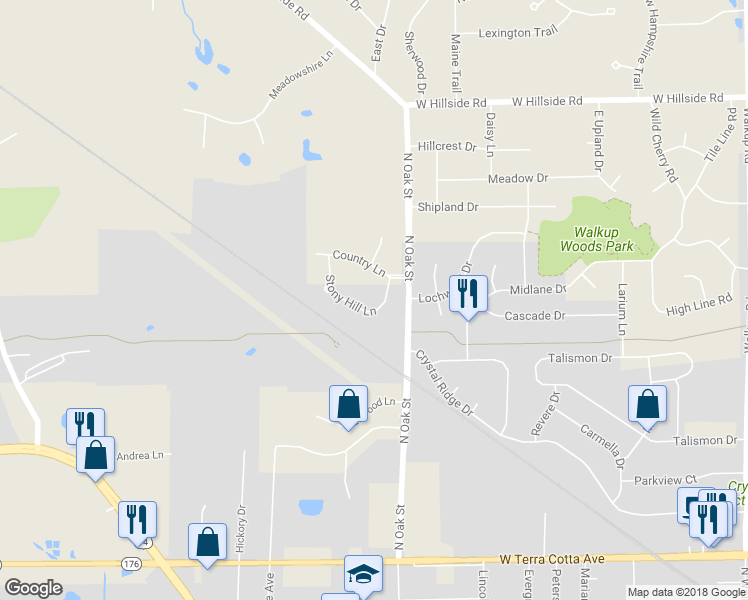 map of restaurants, bars, coffee shops, grocery stores, and more near 520 Stony Hill Lane in Crystal Lake