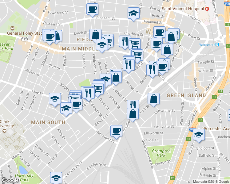 map of restaurants, bars, coffee shops, grocery stores, and more near 12 Jackson Street in Worcester