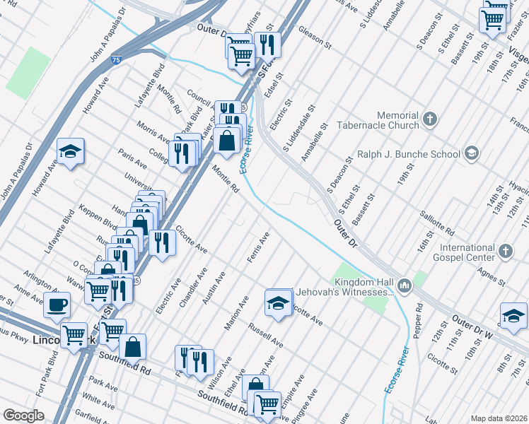 map of restaurants, bars, coffee shops, grocery stores, and more near 1199 Austin Avenue in Lincoln Park