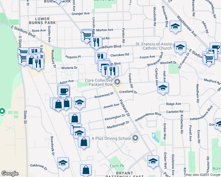 map of restaurants, bars, coffee shops, grocery stores, and more near 2108 Packard Street in Ann Arbor