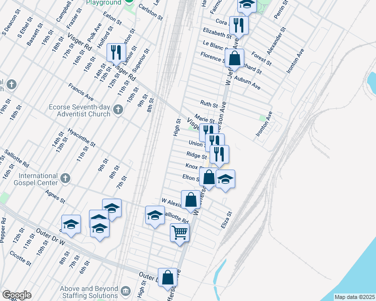 map of restaurants, bars, coffee shops, grocery stores, and more near 50 Ridge Street in Ecorse