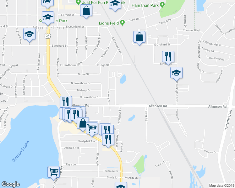 map of restaurants, bars, coffee shops, grocery stores, and more near 425 South Walnut Street in Mundelein