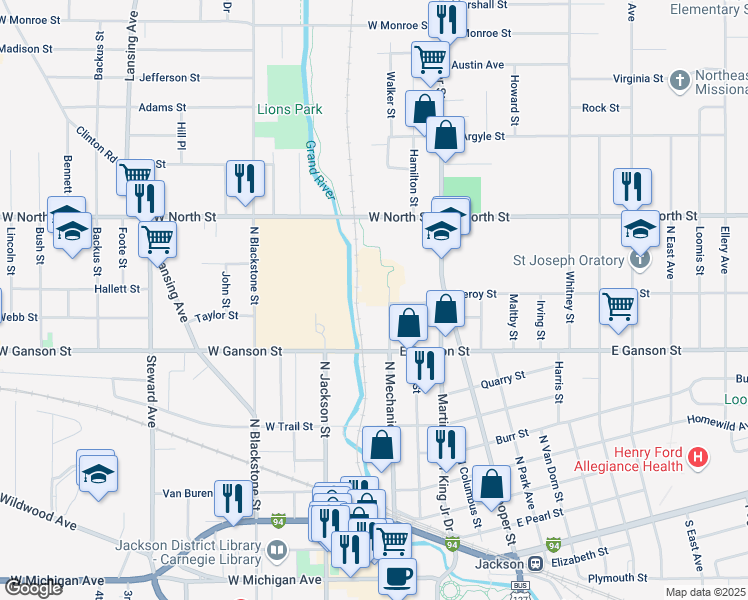 map of restaurants, bars, coffee shops, grocery stores, and more near 632 North Mechanic Street in Jackson