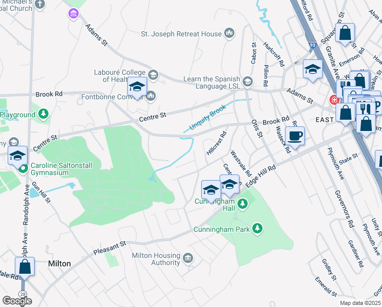 map of restaurants, bars, coffee shops, grocery stores, and more near 32 Wyndmere Road in Milton