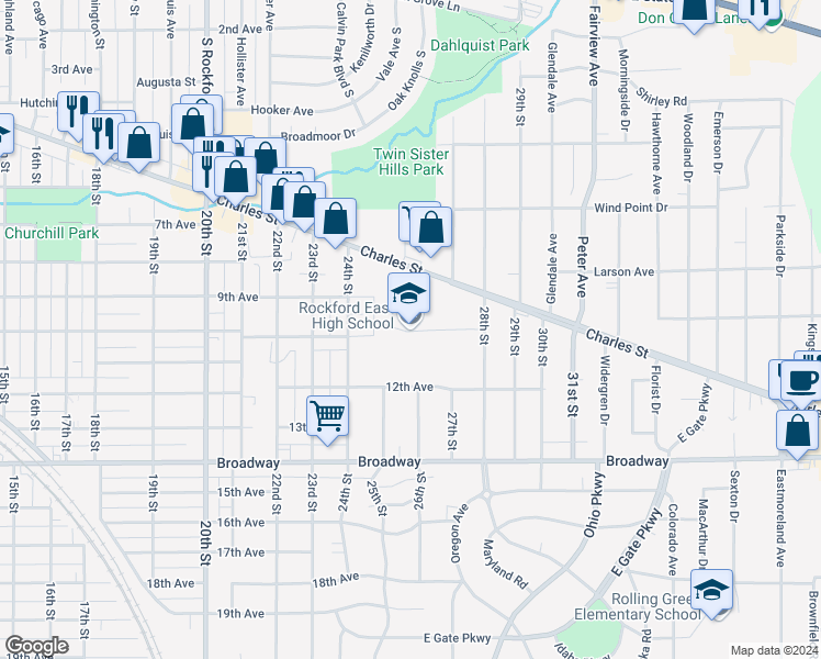 map of restaurants, bars, coffee shops, grocery stores, and more near 2929 Charles Street in Rockford