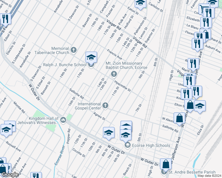 map of restaurants, bars, coffee shops, grocery stores, and more near 3967 12th Street in Ecorse