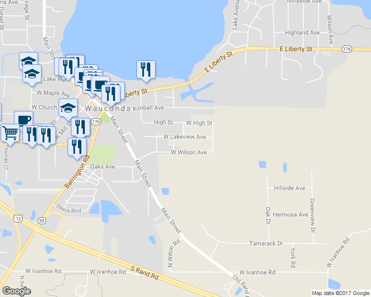 map of restaurants, bars, coffee shops, grocery stores, and more near 25622 West Wilson Avenue in Wauconda
