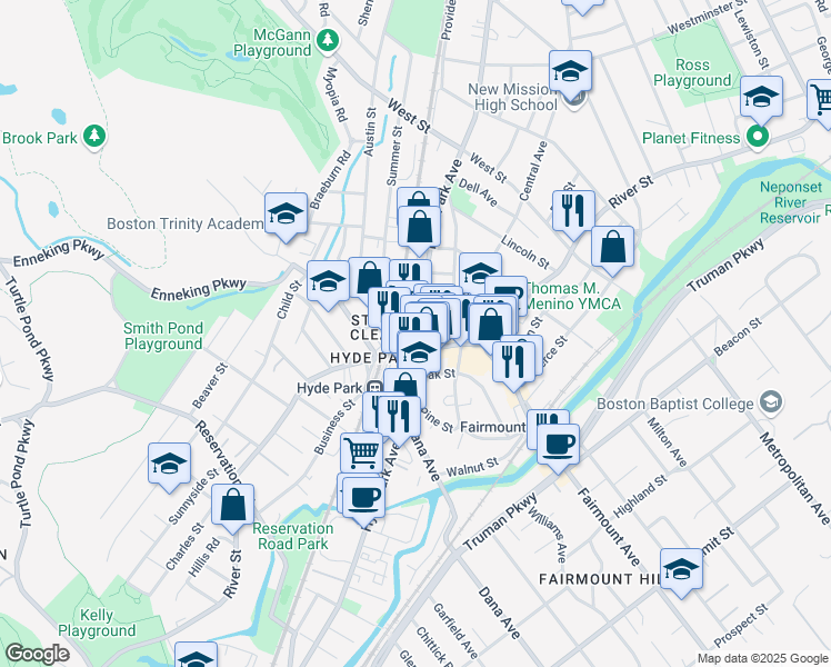 map of restaurants, bars, coffee shops, grocery stores, and more near 1249 Hyde Park Avenue in Boston