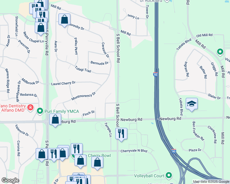 map of restaurants, bars, coffee shops, grocery stores, and more near 1312 Temple Circle in Rockford