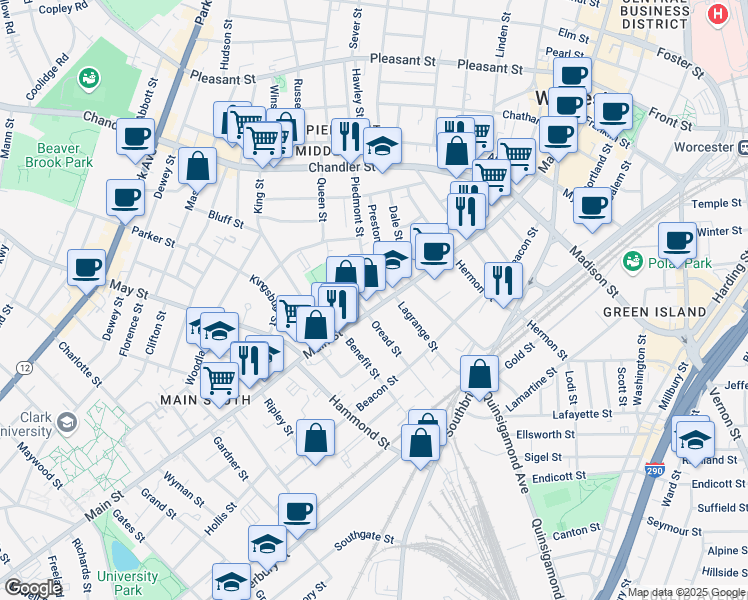 map of restaurants, bars, coffee shops, grocery stores, and more near 1 Piedmont Street in Worcester