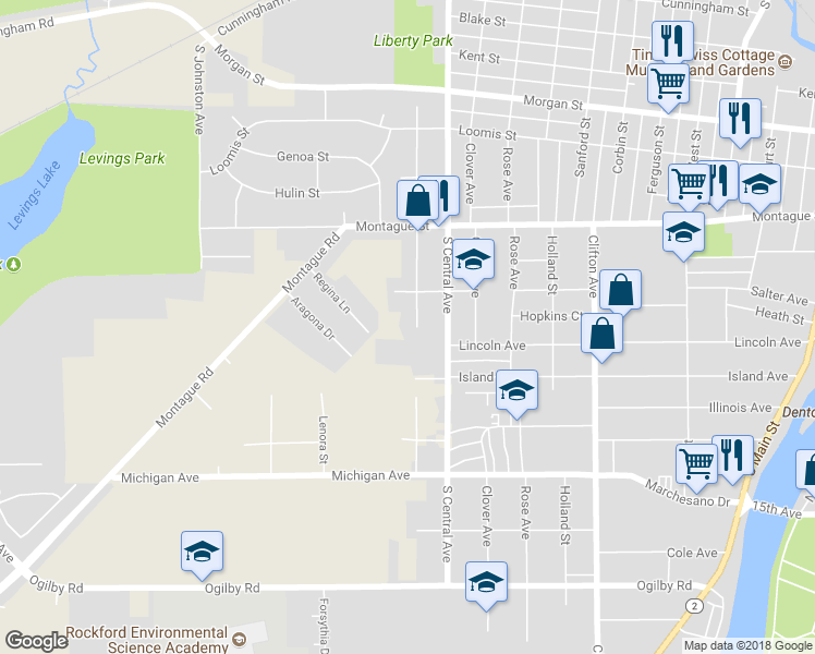 map of restaurants, bars, coffee shops, grocery stores, and more near 1529 Victoria Avenue in Rockford