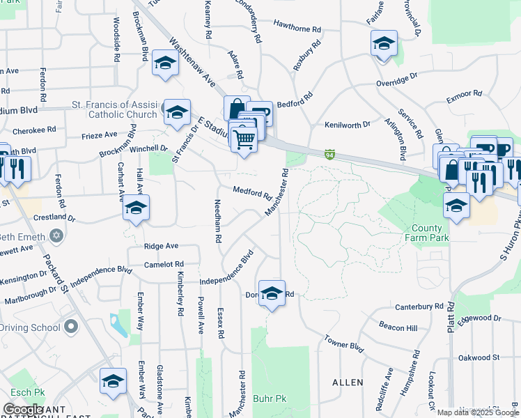 map of restaurants, bars, coffee shops, grocery stores, and more near 2439 Buckingham Road in Ann Arbor