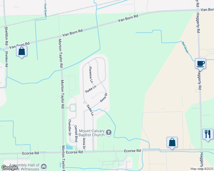 map of restaurants, bars, coffee shops, grocery stores, and more near 6619 Anna Drive in Van Buren Charter Township