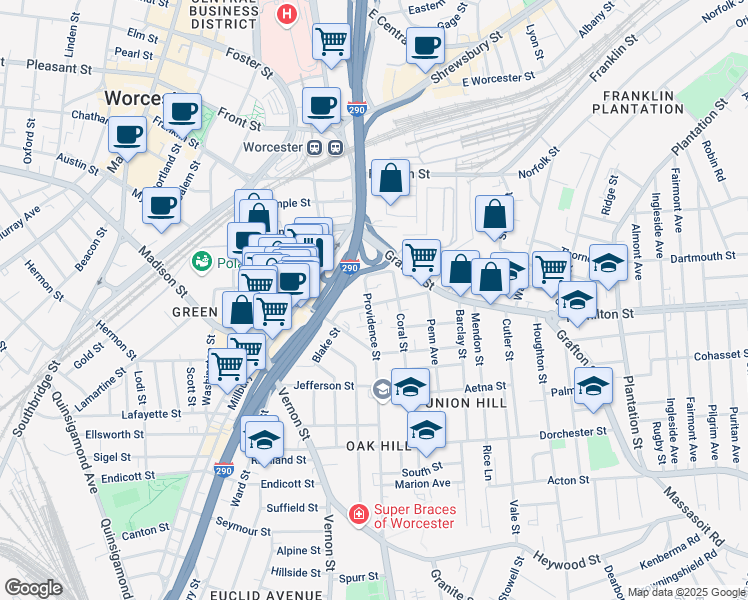 map of restaurants, bars, coffee shops, grocery stores, and more near 39 Providence Street in Worcester