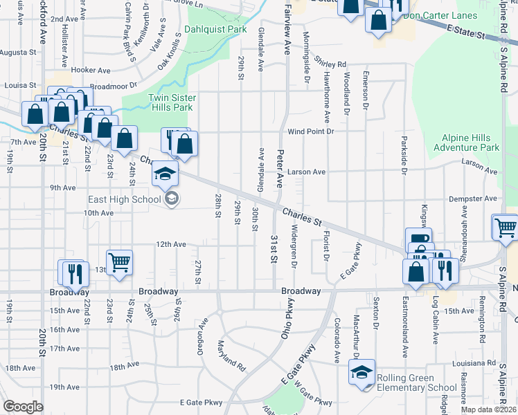map of restaurants, bars, coffee shops, grocery stores, and more near 3311 Charles Street in Rockford