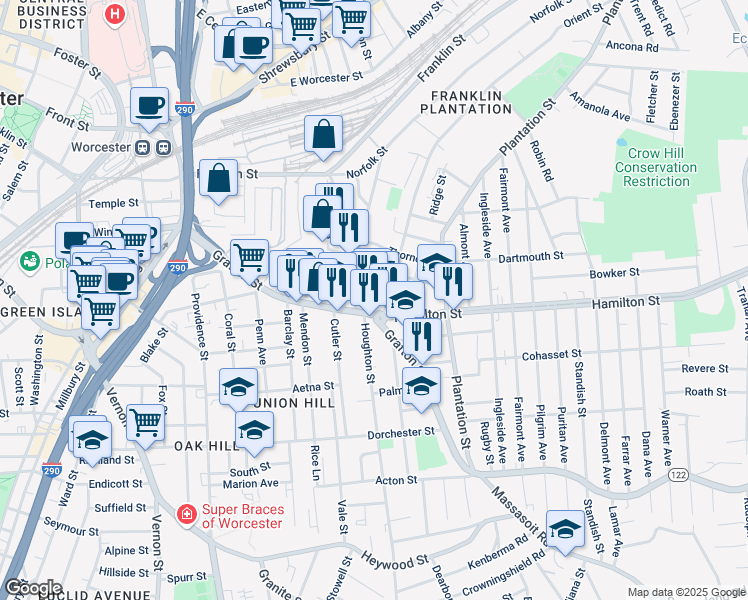 map of restaurants, bars, coffee shops, grocery stores, and more near 353 Grafton Street in Worcester