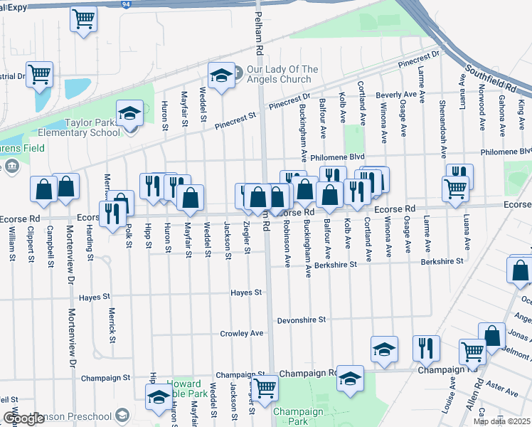 map of restaurants, bars, coffee shops, grocery stores, and more near Ecorse Rd & Pelham Rd in Allen Park