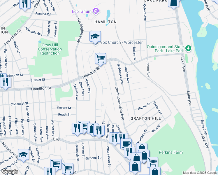 map of restaurants, bars, coffee shops, grocery stores, and more near 34 Harold Street in Worcester