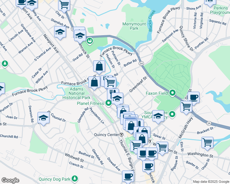 map of restaurants, bars, coffee shops, grocery stores, and more near 1054 Hancock Street in Quincy