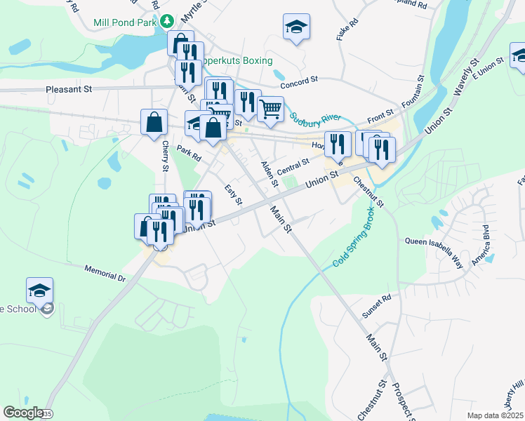 map of restaurants, bars, coffee shops, grocery stores, and more near 355-357 Main Street in Ashland