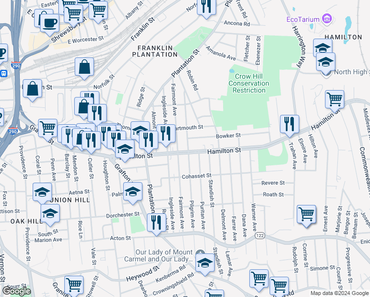 map of restaurants, bars, coffee shops, grocery stores, and more near 115 Fairmont Avenue in Worcester