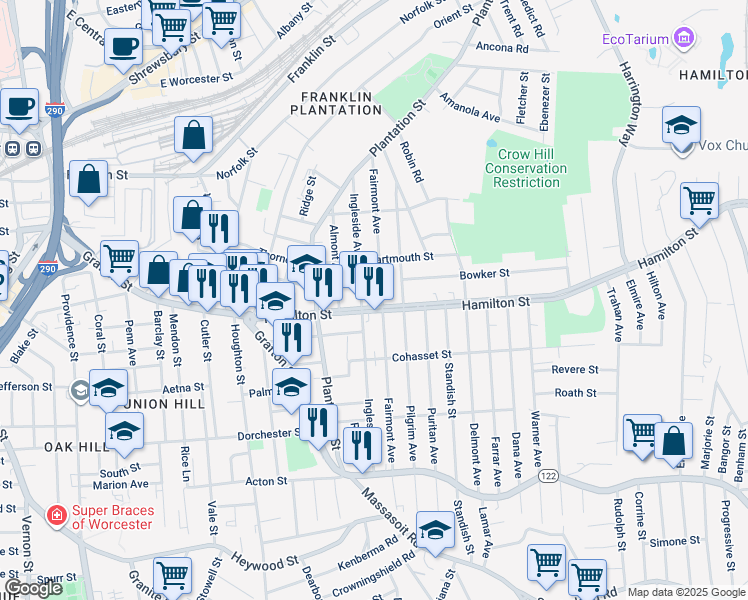 map of restaurants, bars, coffee shops, grocery stores, and more near 115 Fairmont Avenue in Worcester