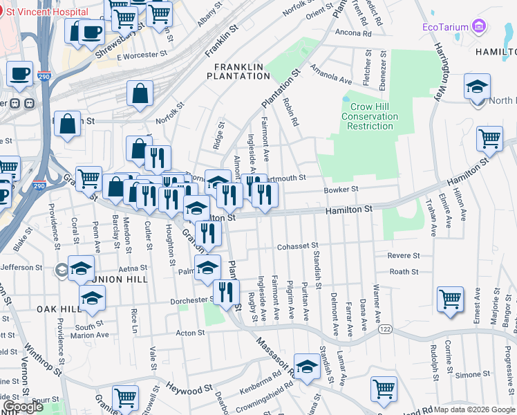 map of restaurants, bars, coffee shops, grocery stores, and more near 6 Almont Avenue in Worcester