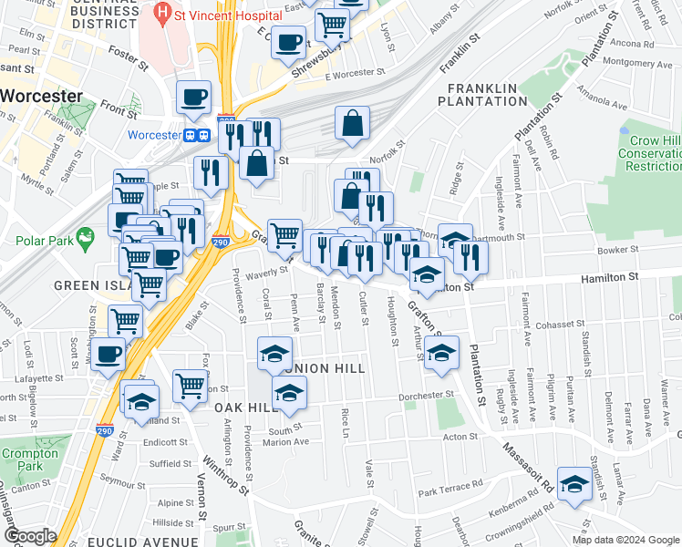 map of restaurants, bars, coffee shops, grocery stores, and more near 267 Grafton Street in Worcester