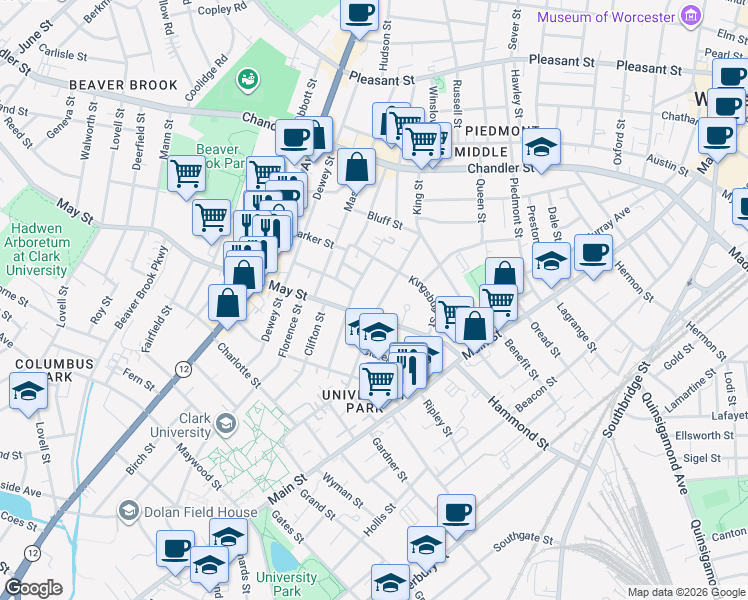 map of restaurants, bars, coffee shops, grocery stores, and more near 31 Hollywood Street in Worcester