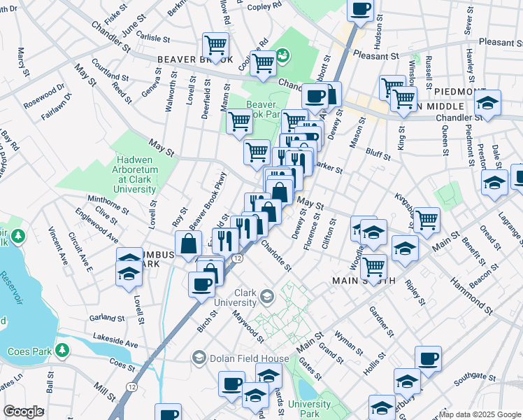 map of restaurants, bars, coffee shops, grocery stores, and more near 424 Massachusetts 9 in Worcester