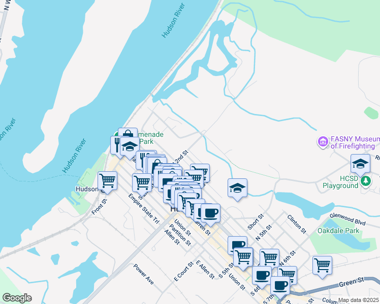 map of restaurants, bars, coffee shops, grocery stores, and more near 75 North 2nd Street in Hudson
