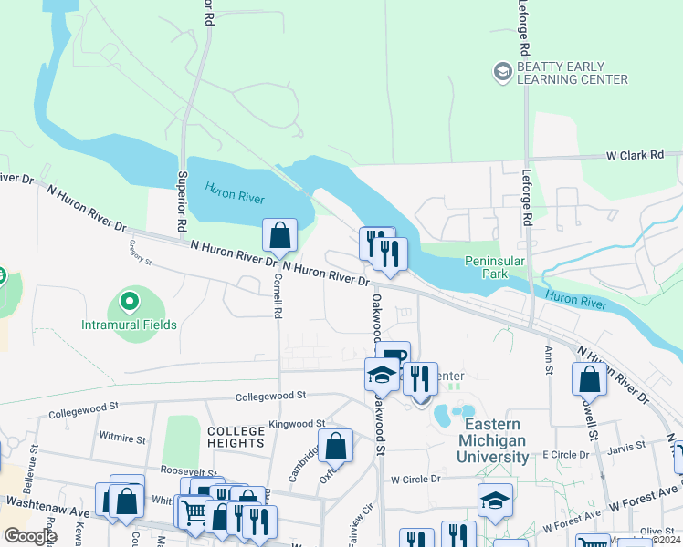 map of restaurants, bars, coffee shops, grocery stores, and more near 1112 North Huron River Drive in Ypsilanti