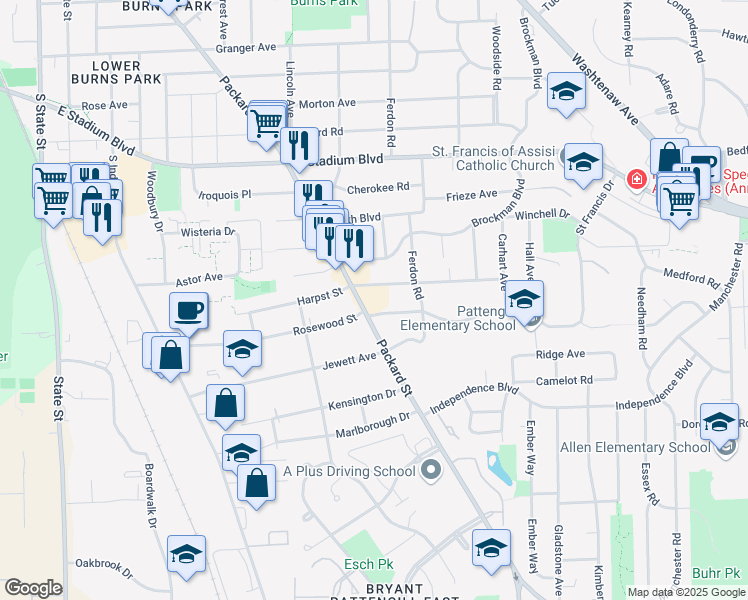 map of restaurants, bars, coffee shops, grocery stores, and more near 1606 Anderson Avenue in Ann Arbor