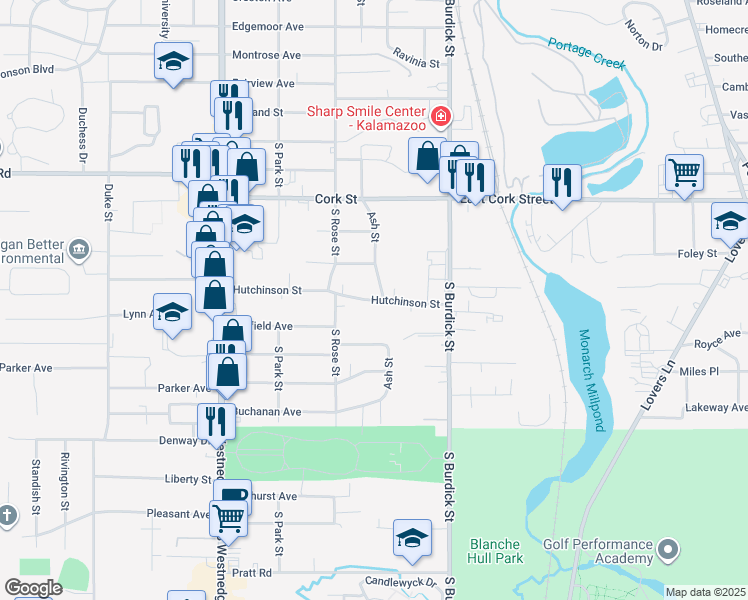 map of restaurants, bars, coffee shops, grocery stores, and more near 108 Hutchinson Street in Kalamazoo