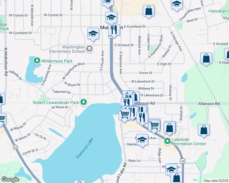 map of restaurants, bars, coffee shops, grocery stores, and more near 425 Lake Terrace in Mundelein
