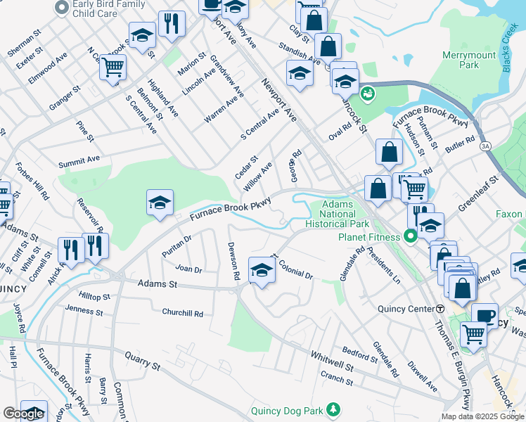 map of restaurants, bars, coffee shops, grocery stores, and more near 556 Furnace Brook Parkway in Quincy
