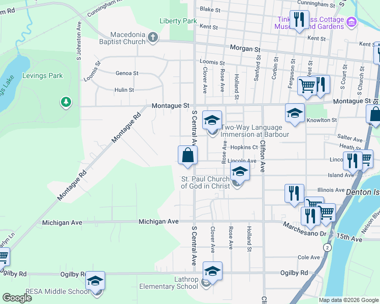 map of restaurants, bars, coffee shops, grocery stores, and more near 1527 South Central Avenue in Rockford